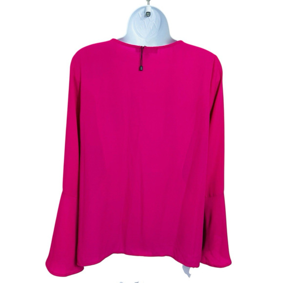 Nordstrom Eclair Fuchsia Blouse Sz Small Bell Sleeves Laced V-Neck Top Chiffon - Picture 7 of 8